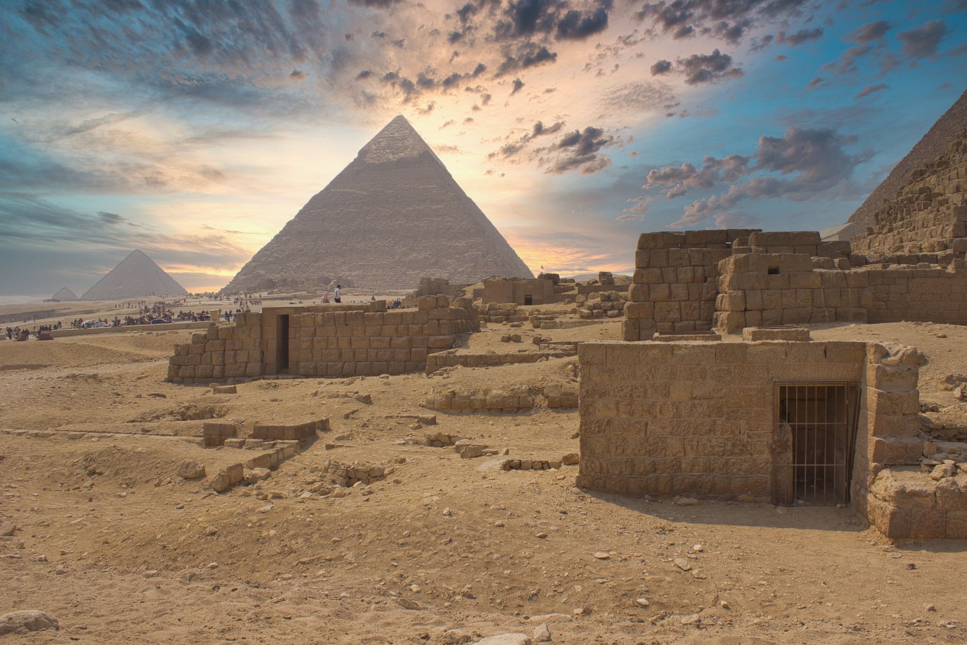 Great Pyramids of Giza and camel at sunset, Egypt