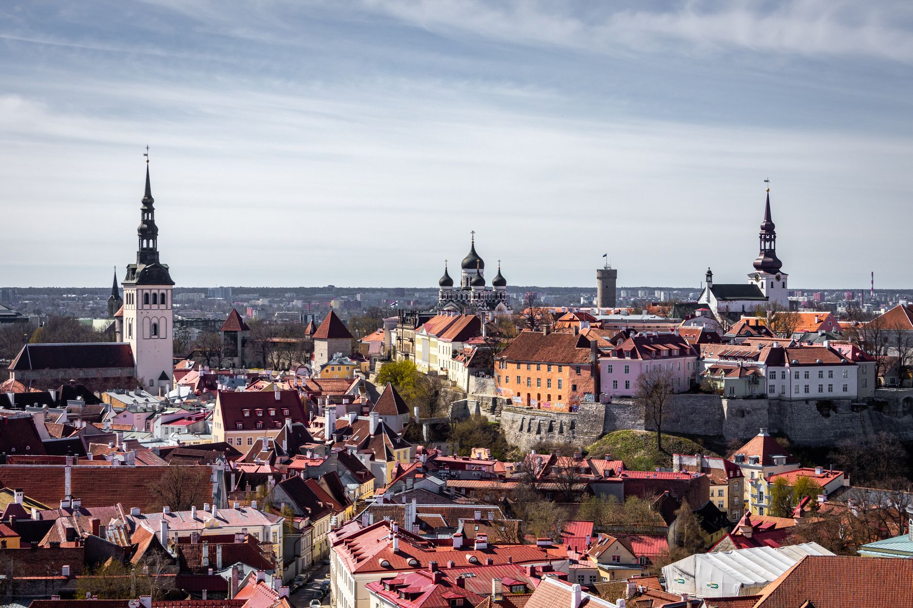 Tallinn old town medieval towers and city walls from above, Estonia