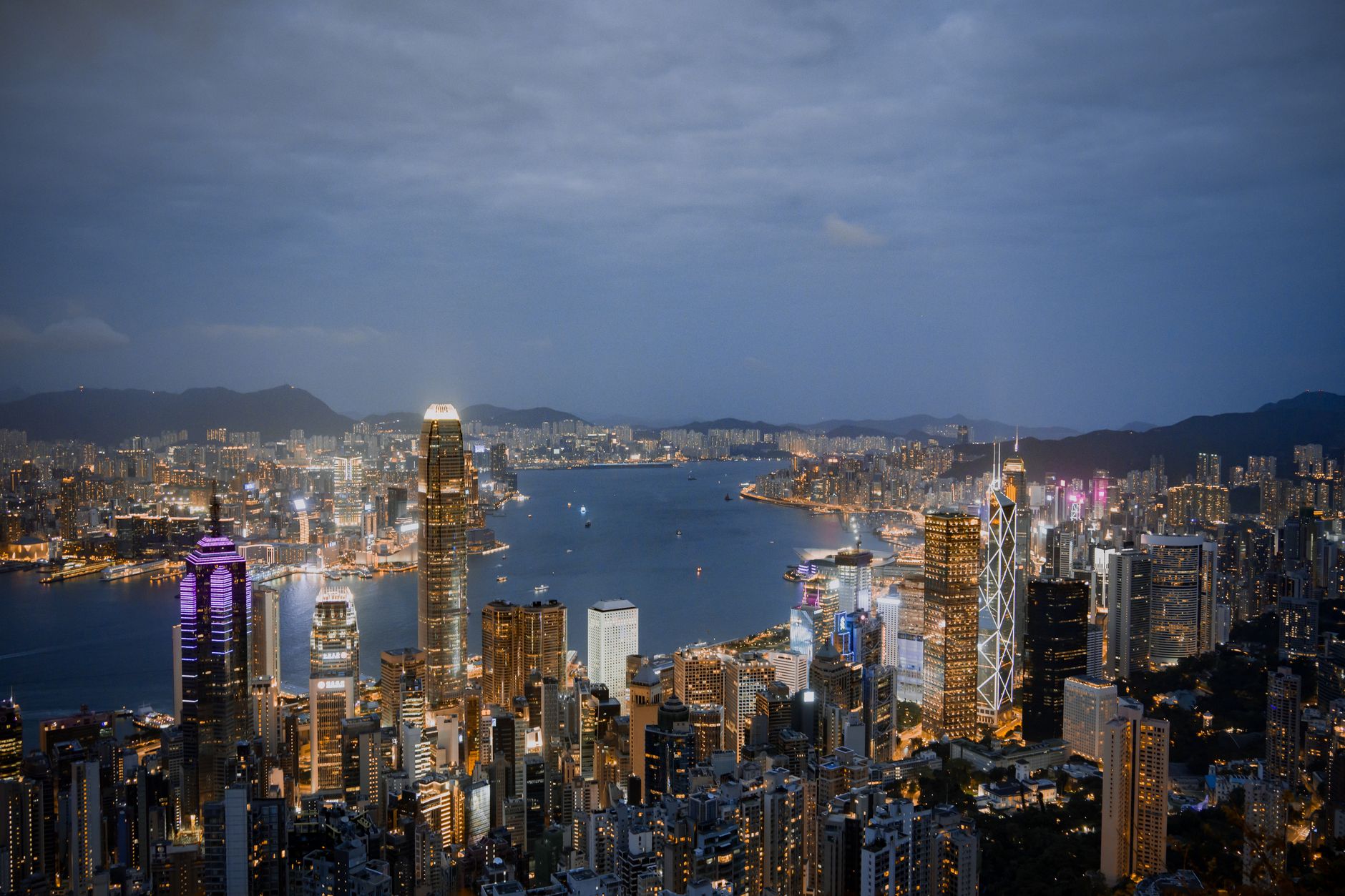 Victoria Harbour skyline and tram on Hong Kong Island