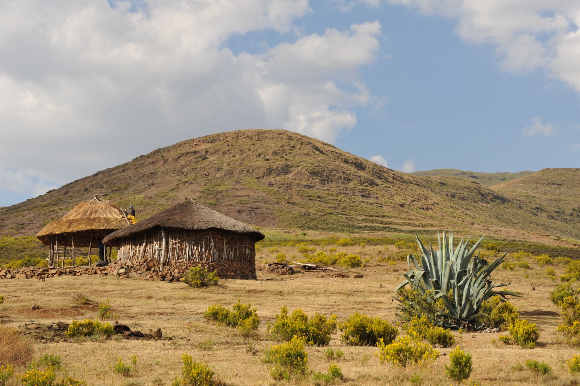 Maluti Mountains snow peaks and traditional Basotho horsemen in Lesotho