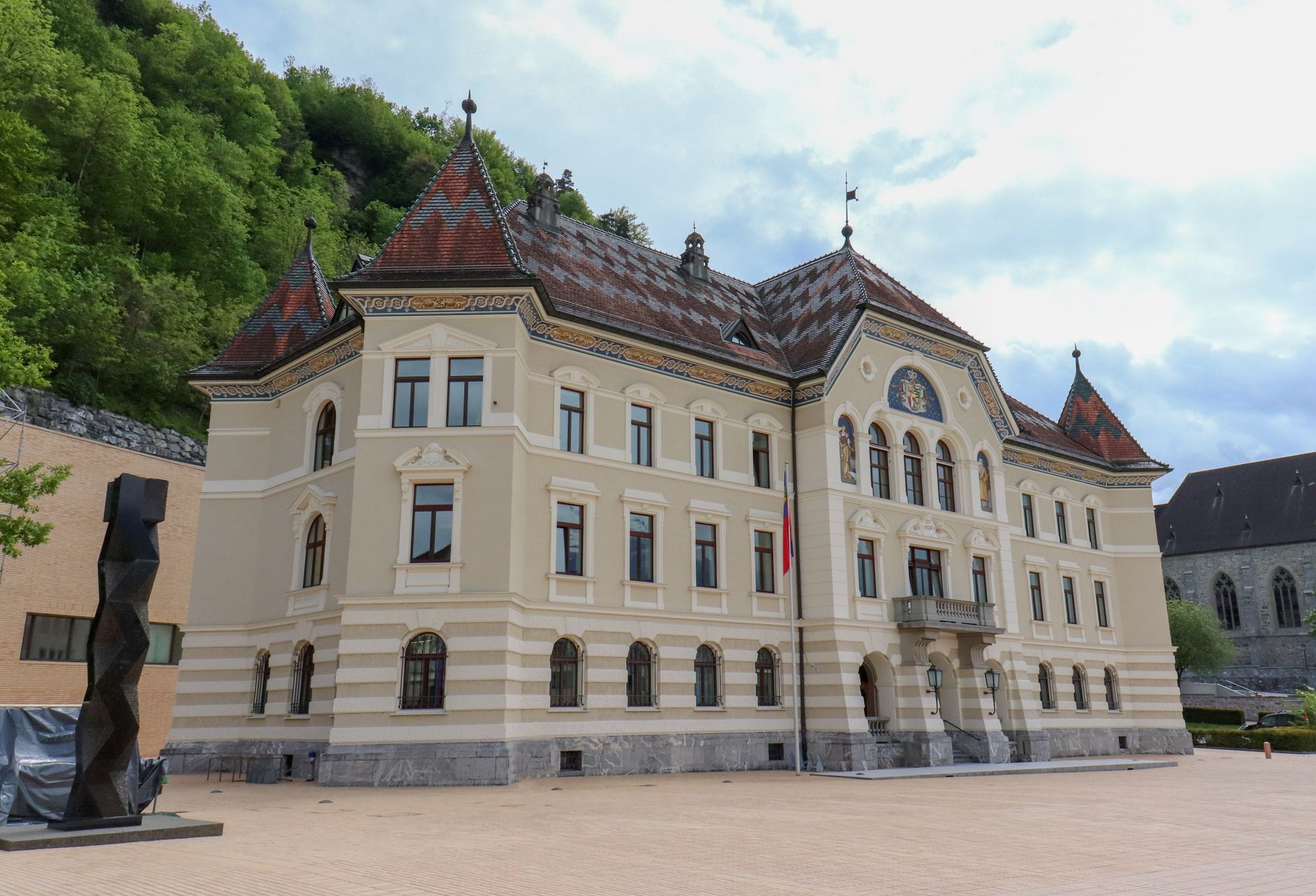 Vaduz Castle on forested hillside above the Rhine valley, Liechtenstein