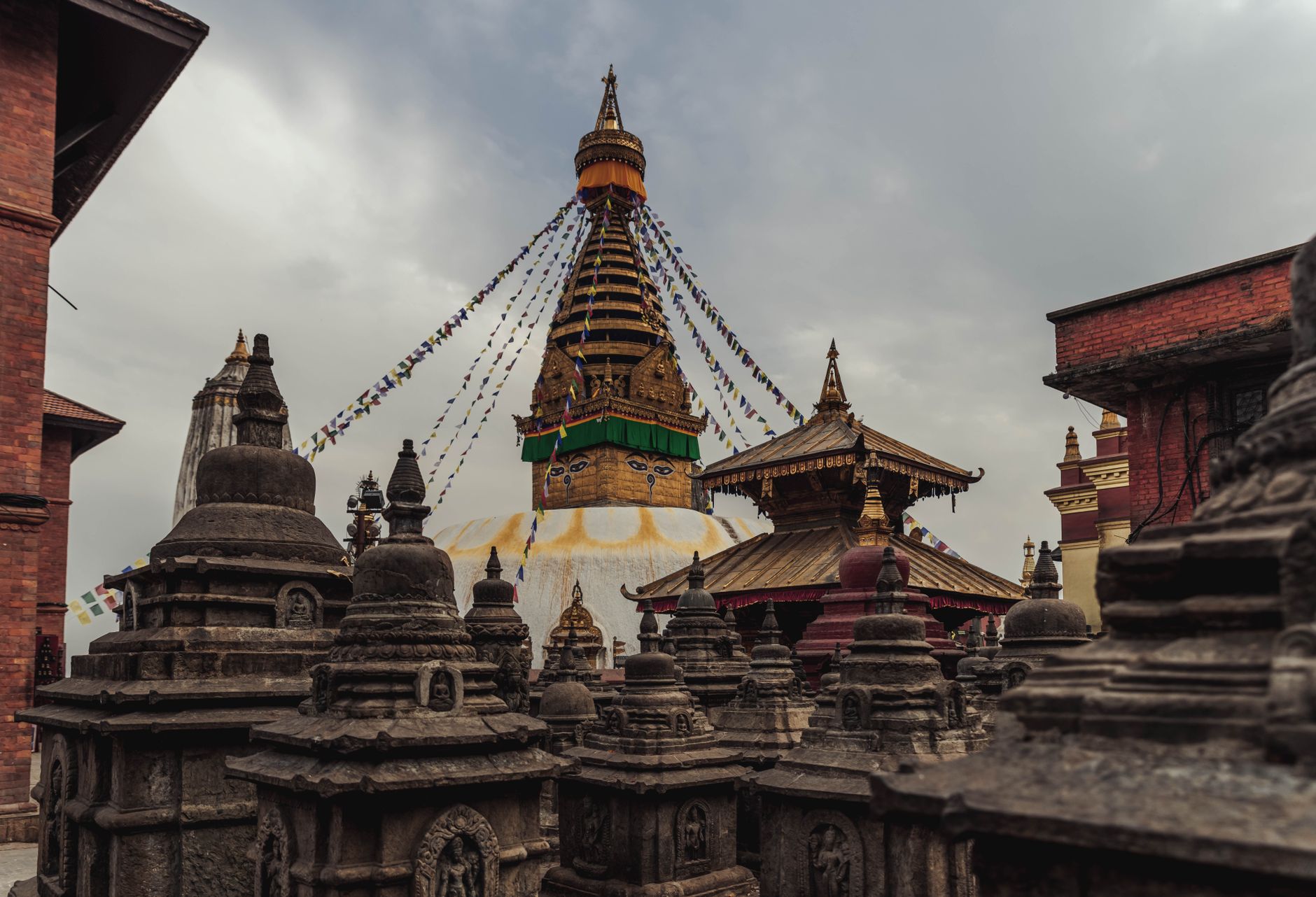 Himalayan mountain view and prayer flags in Nepal
