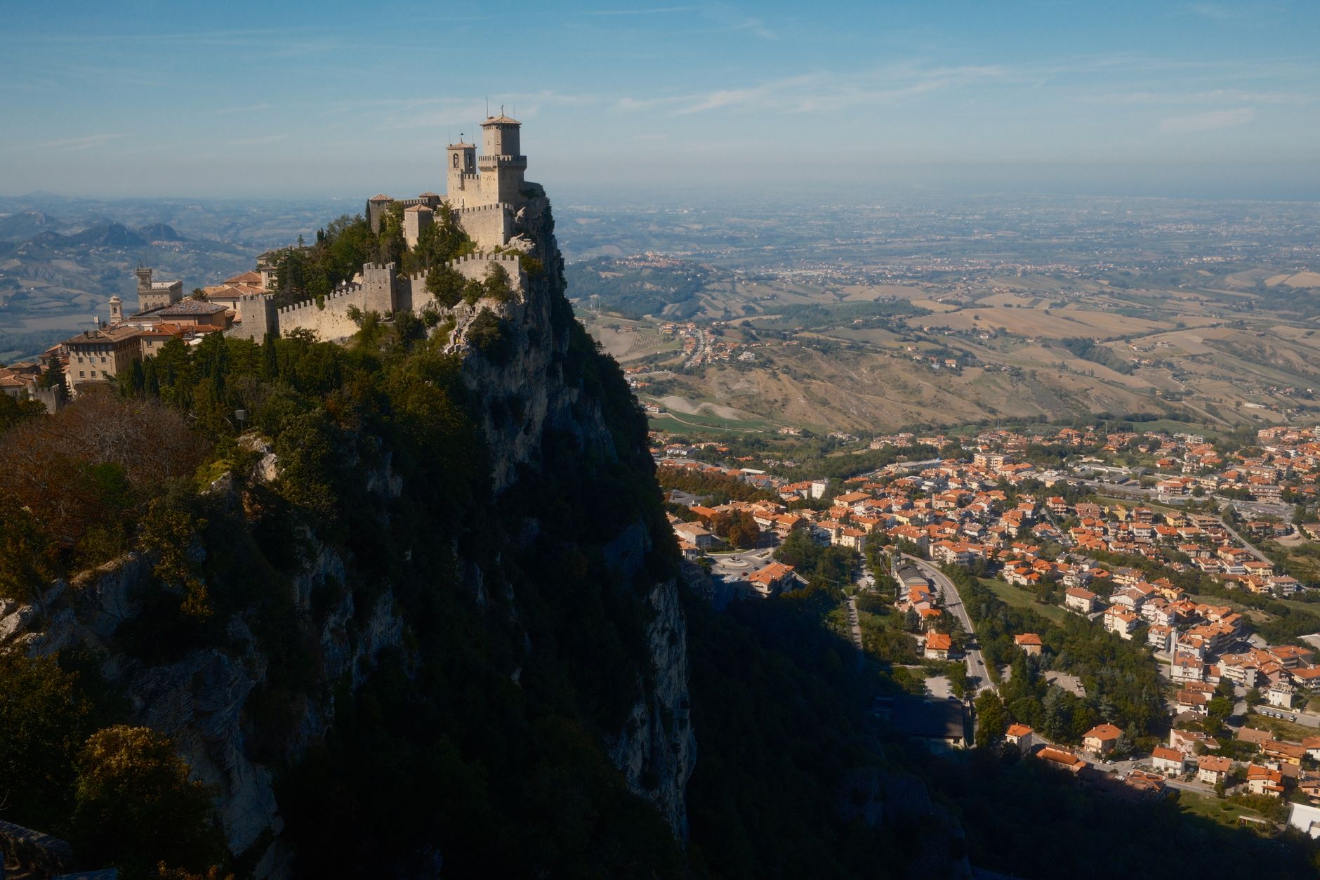 Three towers of San Marino perched on Monte Titano clifftop
