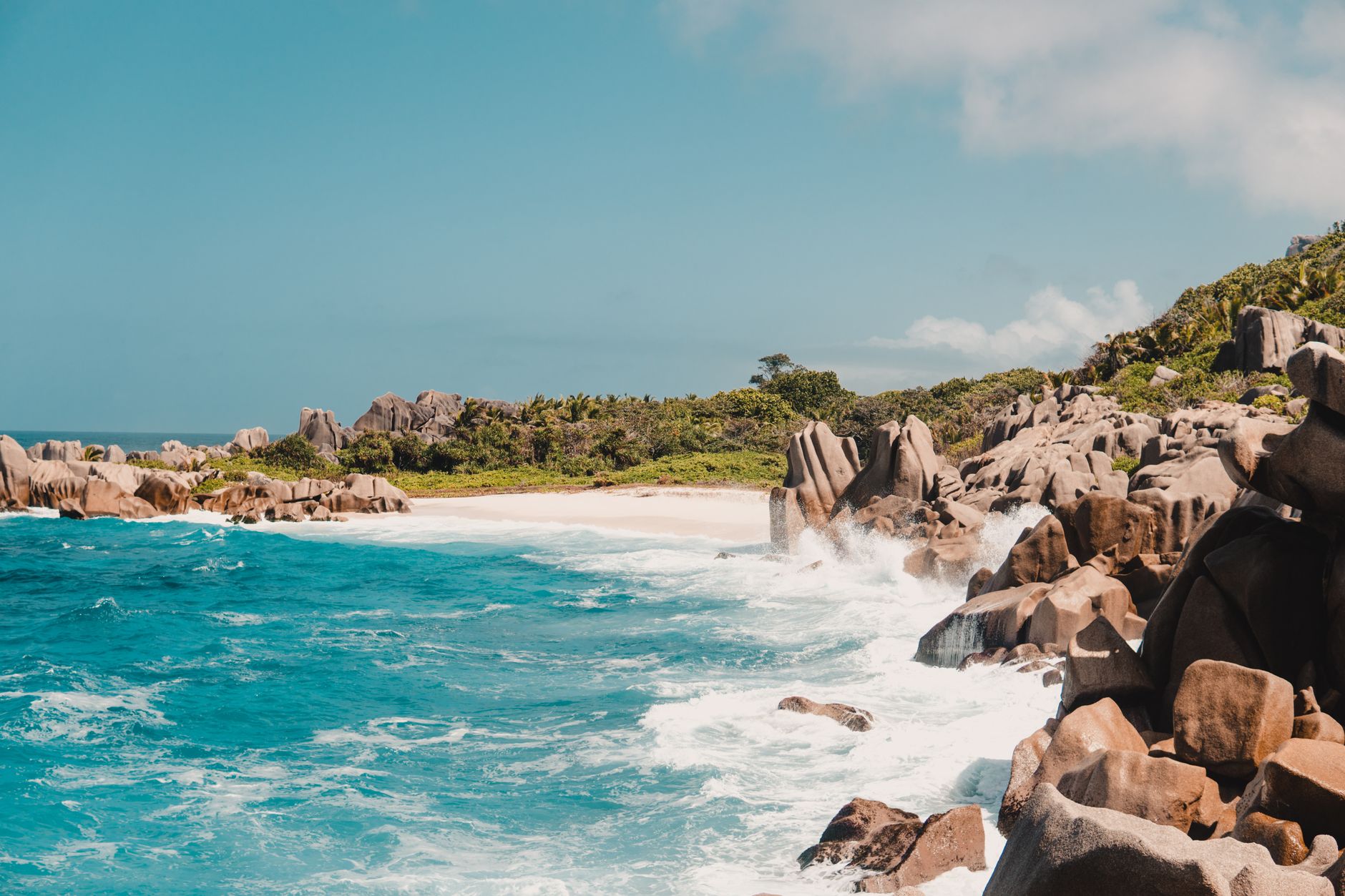 Anse Source d'Argent beach with granite boulders and palms, Seychelles