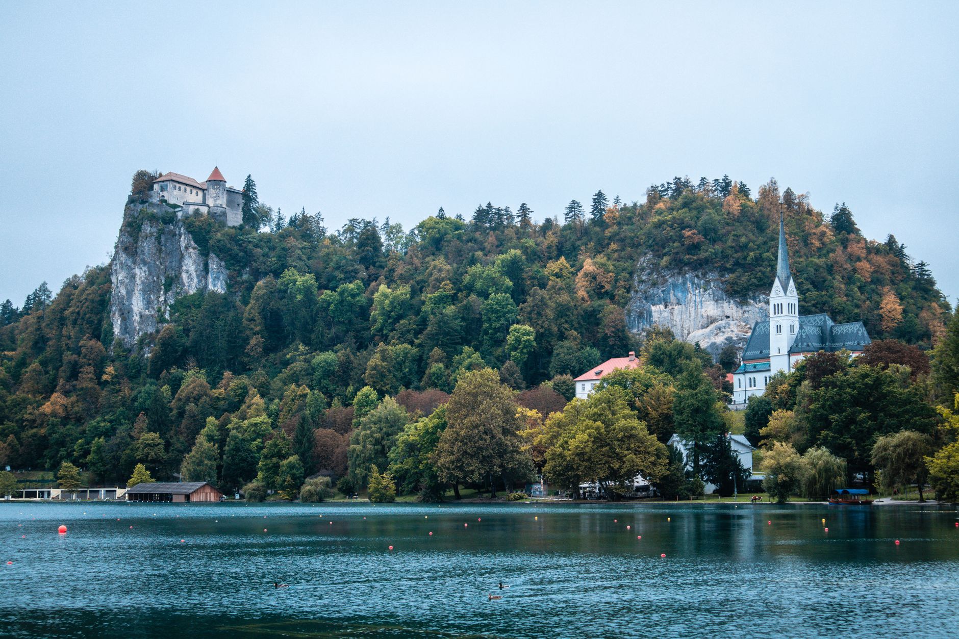 Lake Bled with island church and mountain backdrop in Slovenia