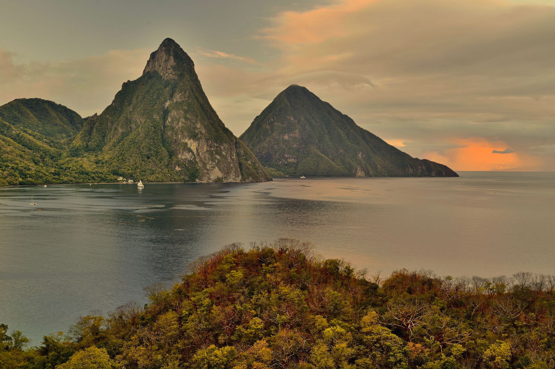 Piton mountains and lush tropical coastline in St. Lucia